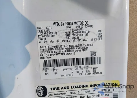 2011 Ford F-150 Lariat from USA, damaged, VIN 1FTFW1ET1BFD36113